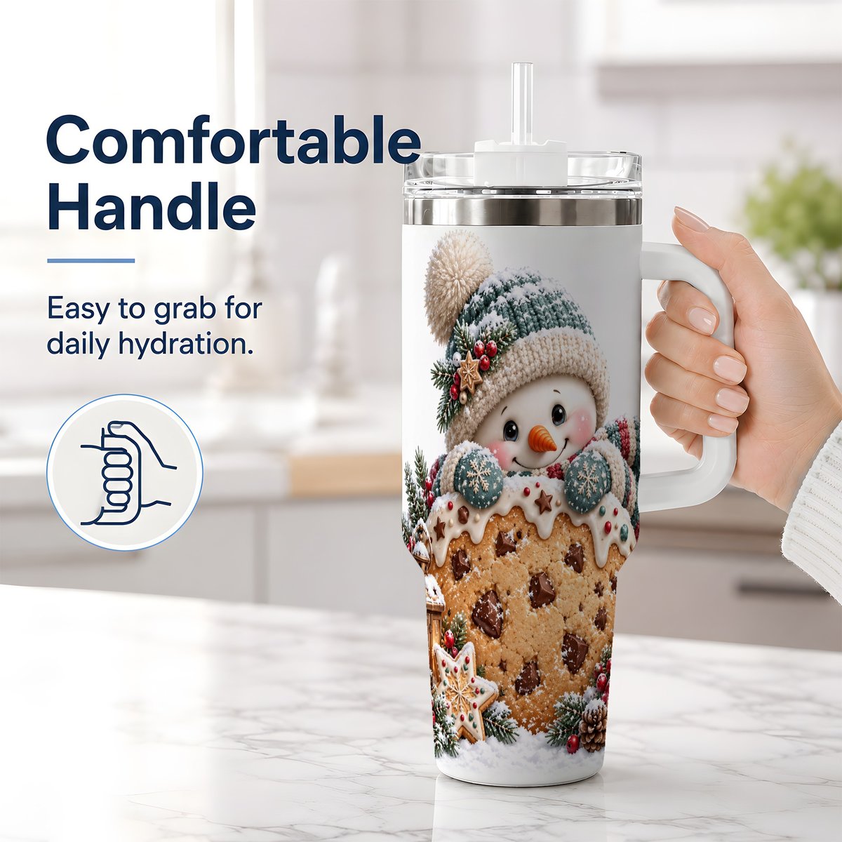 #pl[40oz|White] Christmas Snowman Tumbler 40oz, Frosted Cookie Art