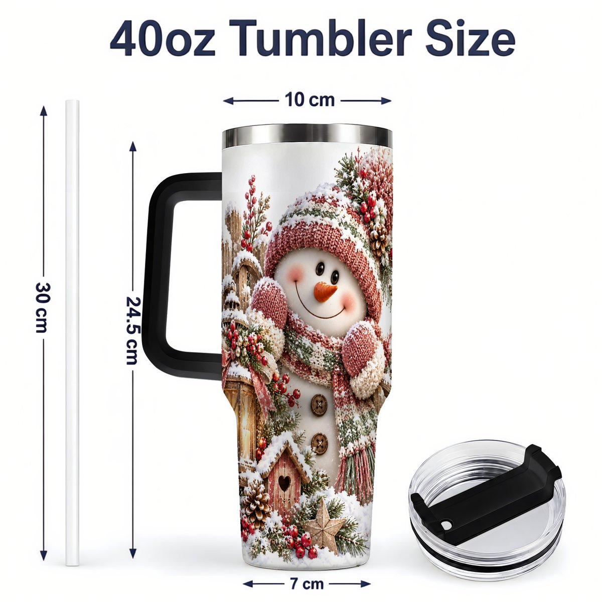 #pl[40oz|Black] Rustic Christmas Snowman Tumbler 40oz, Lantern Scene