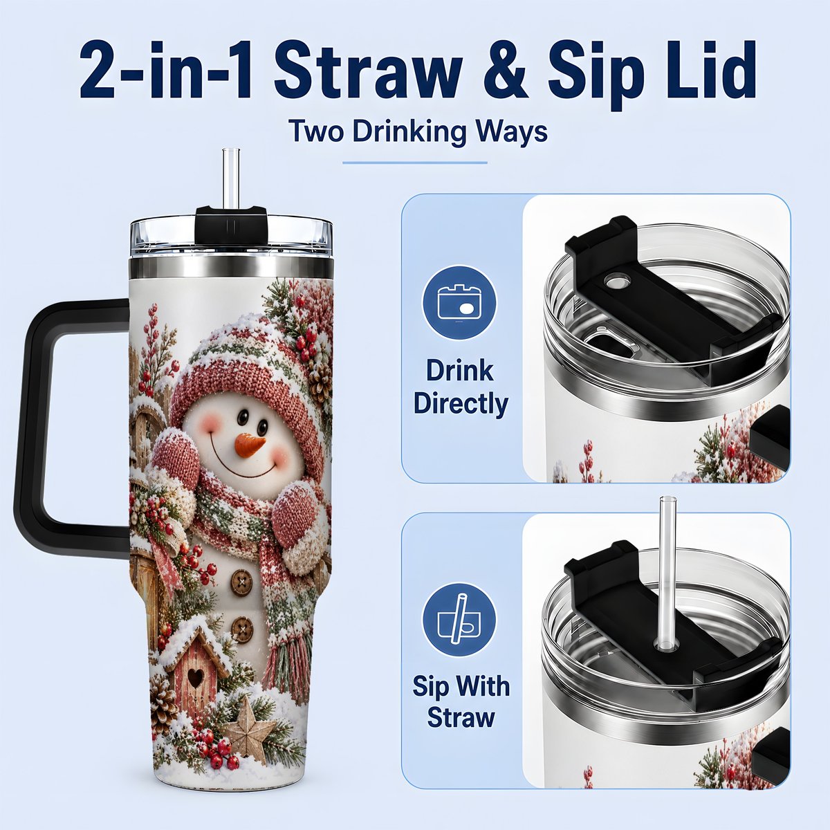 #pl[40oz|Black] Rustic Christmas Snowman Tumbler 40oz, Lantern Scene