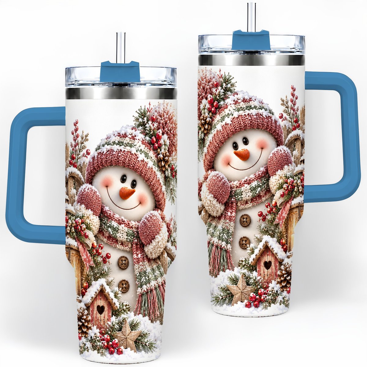 #pl[40oz|Blue] Rustic Christmas Snowman Tumbler 40oz, Lantern Scene