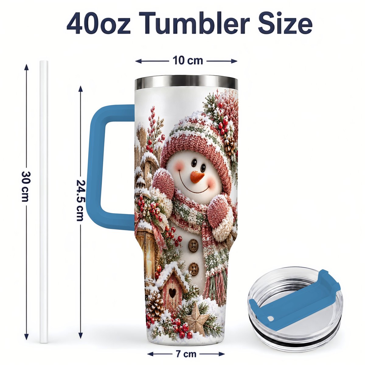 #pl[40oz|Blue] Rustic Christmas Snowman Tumbler 40oz, Lantern Scene