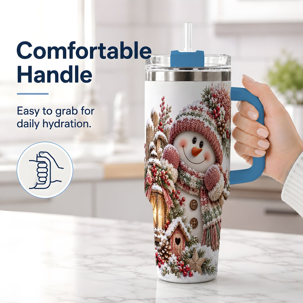 #pl[40oz|Blue] Rustic Christmas Snowman Tumbler 40oz, Lantern Scene