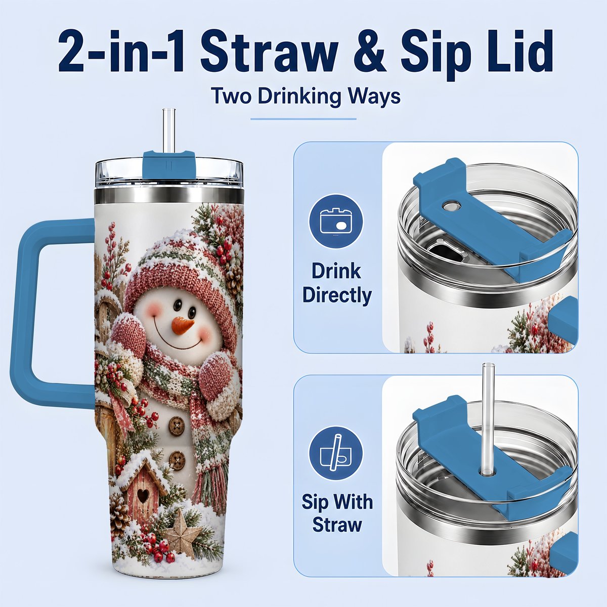 #pl[40oz|Blue] Rustic Christmas Snowman Tumbler 40oz, Lantern Scene