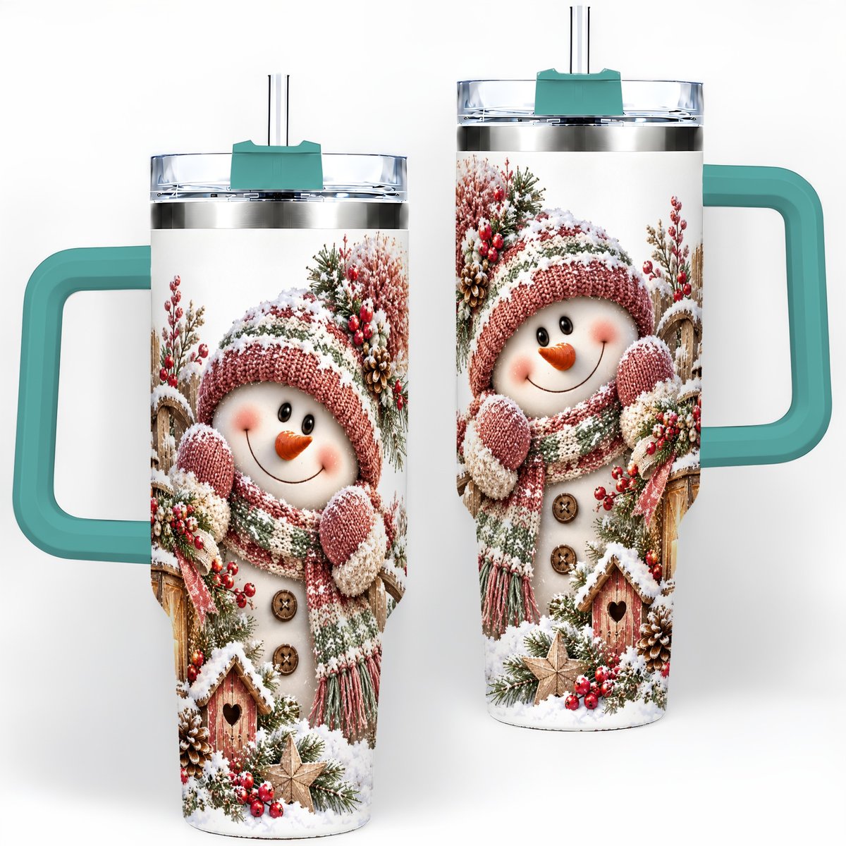 #pl[40oz|Green] Rustic Christmas Snowman Tumbler 40oz, Lantern Scene