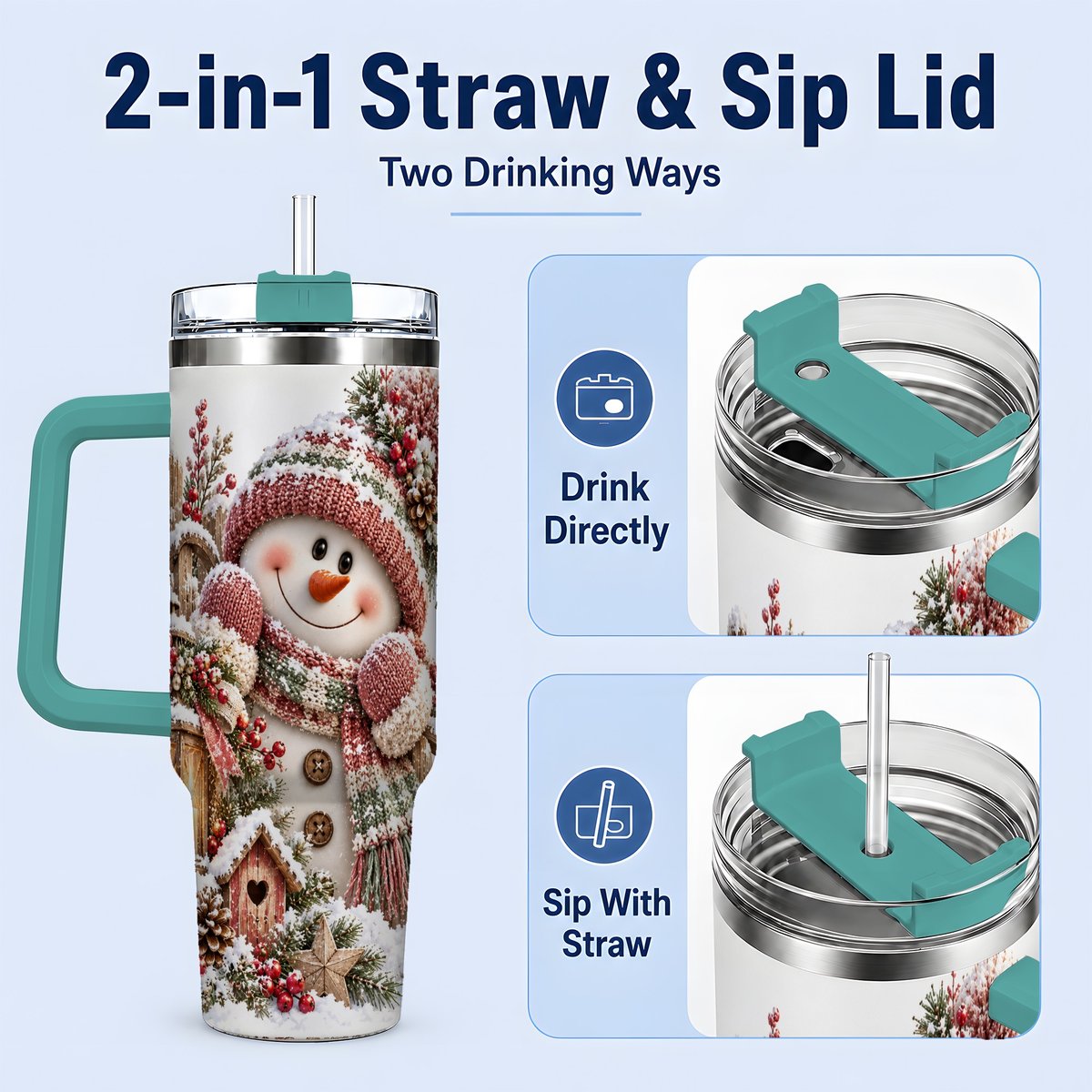 #pl[40oz|Green] Rustic Christmas Snowman Tumbler 40oz, Lantern Scene