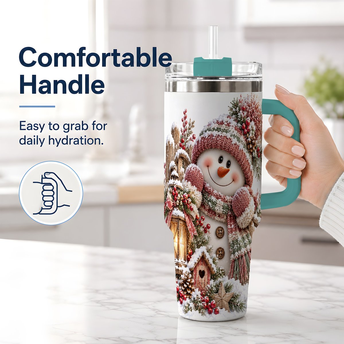 #pl[40oz|Green] Rustic Christmas Snowman Tumbler 40oz, Lantern Scene