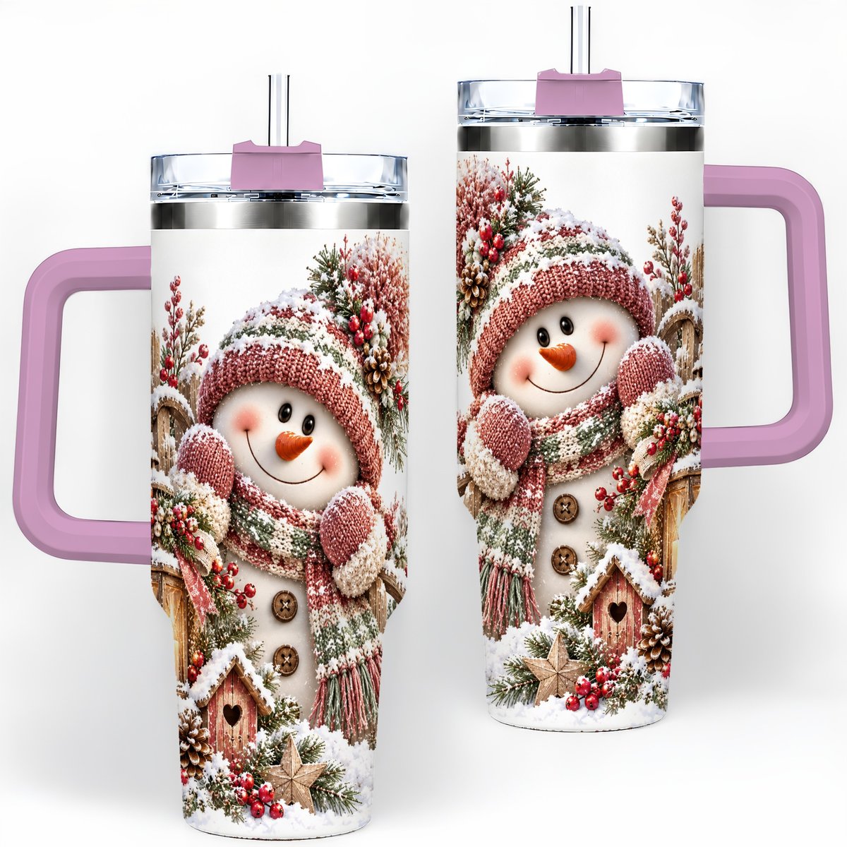 #pl[40oz|Pink] Rustic Christmas Snowman Tumbler 40oz, Lantern Scene