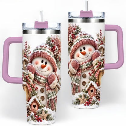 #pl[40oz|Pink] Rustic Christmas Snowman Tumbler 40oz, Lantern Scene