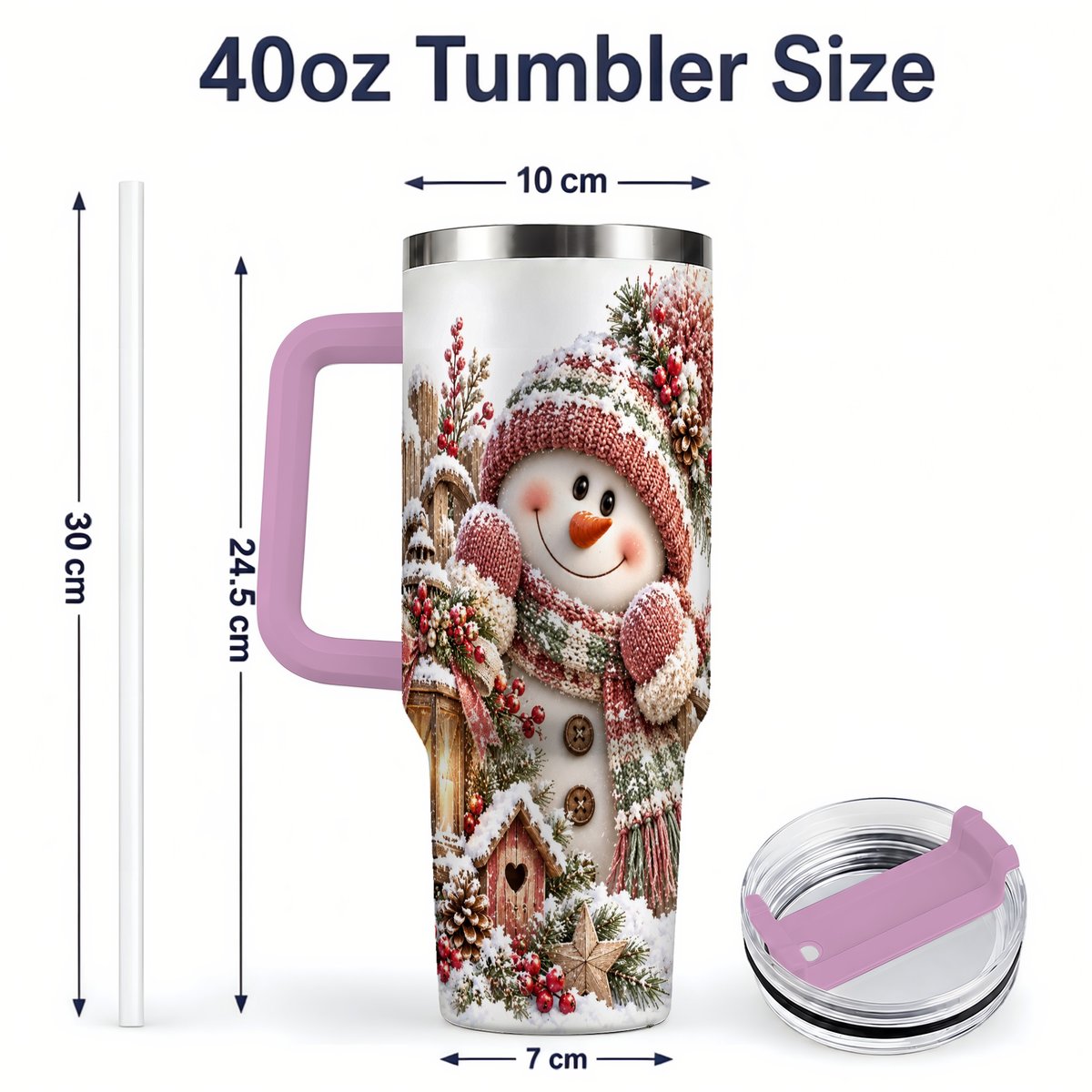 #pl[40oz|Pink] Rustic Christmas Snowman Tumbler 40oz, Lantern Scene
