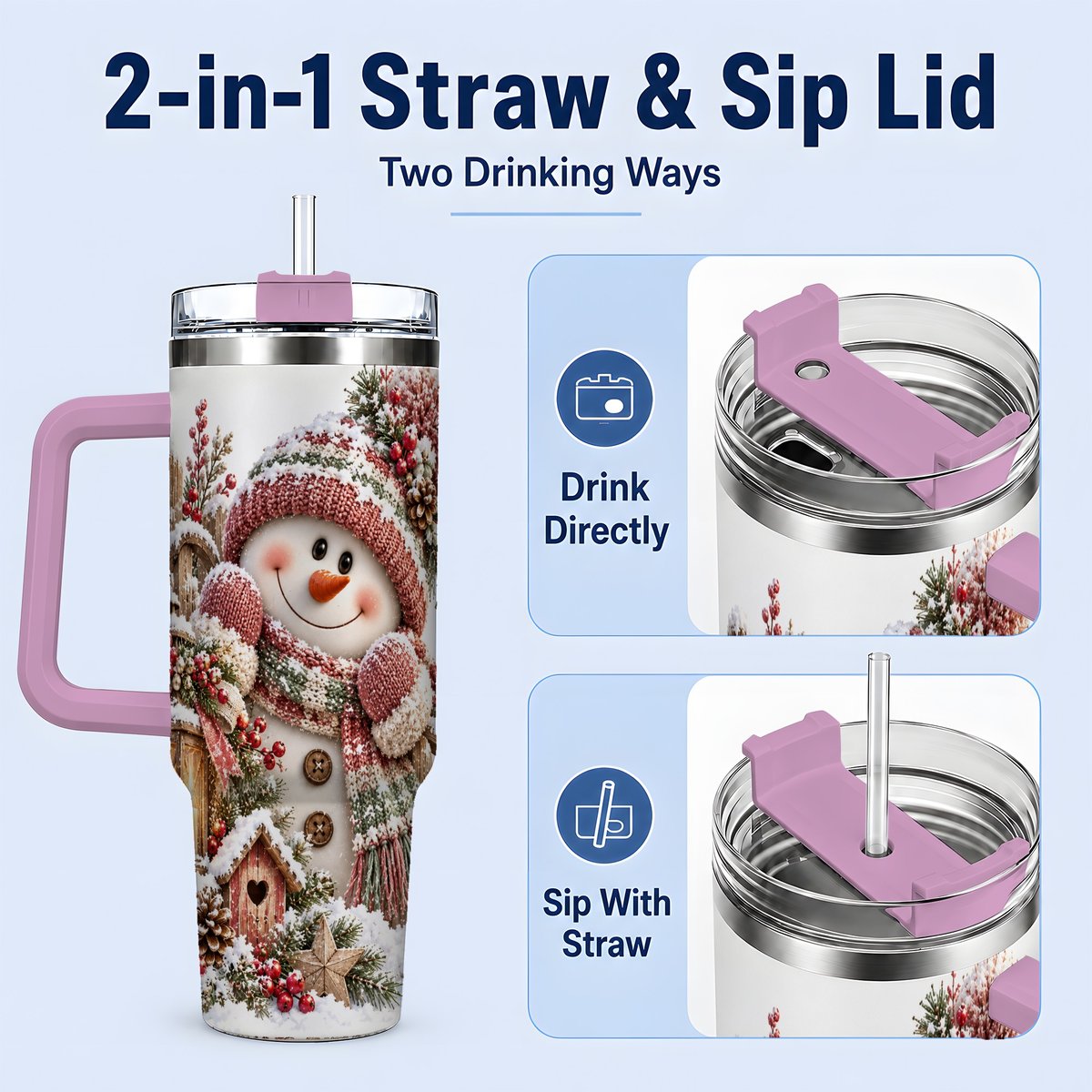 #pl[40oz|Pink] Rustic Christmas Snowman Tumbler 40oz, Lantern Scene