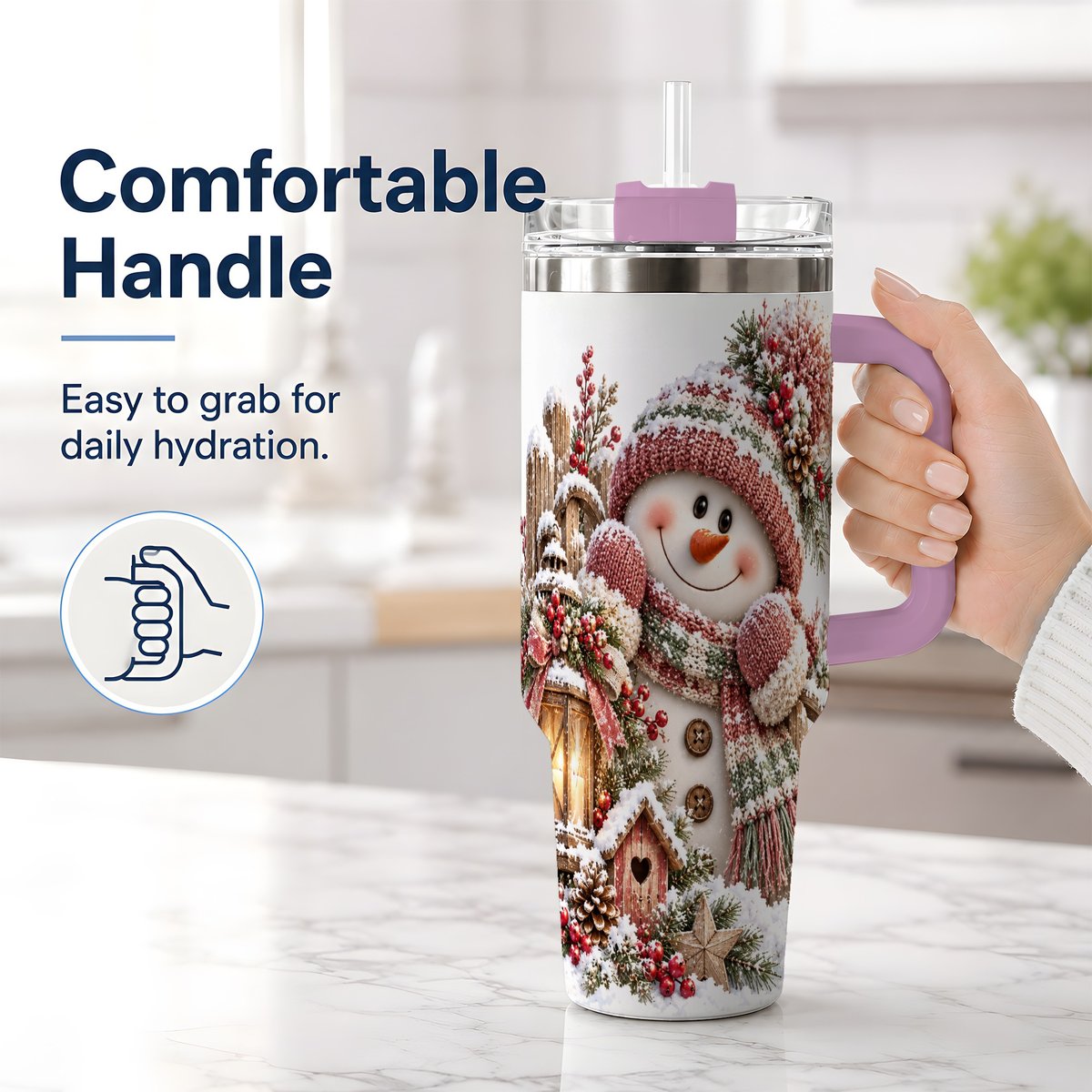 #pl[40oz|Pink] Rustic Christmas Snowman Tumbler 40oz, Lantern Scene