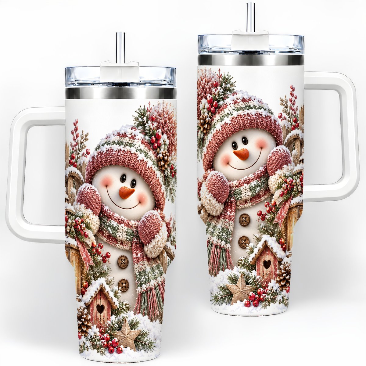 Rustic Christmas Snowman Tumbler 40oz, Lantern Scene