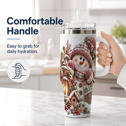 #pl[40oz|White] Rustic Christmas Snowman Tumbler 40oz, Lantern Scene