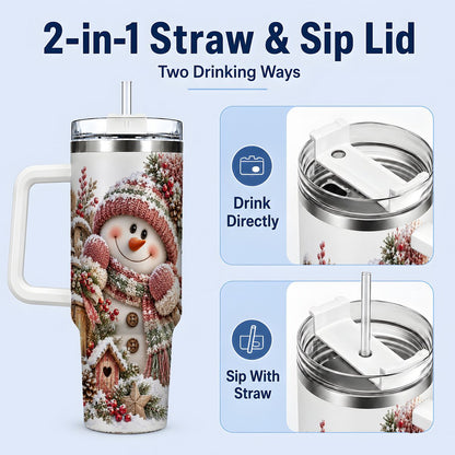 #pl[40oz|White] Rustic Christmas Snowman Tumbler 40oz, Lantern Scene
