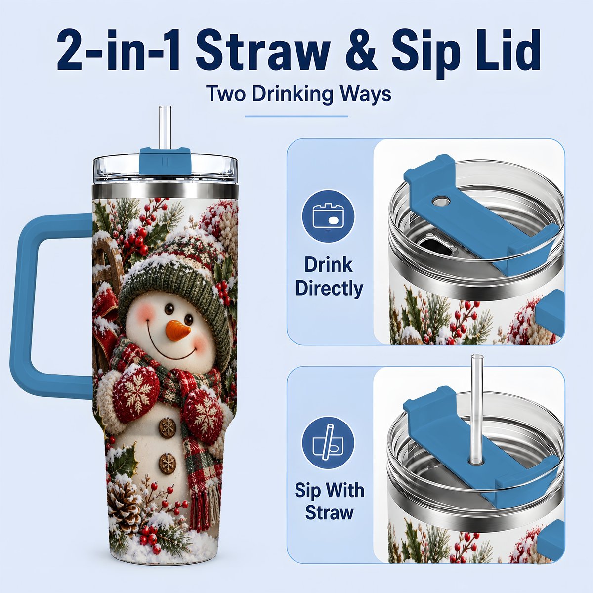 #pl[40oz|Blue] Christmas Snowman Tumbler 40oz, Rustic Sled Scene