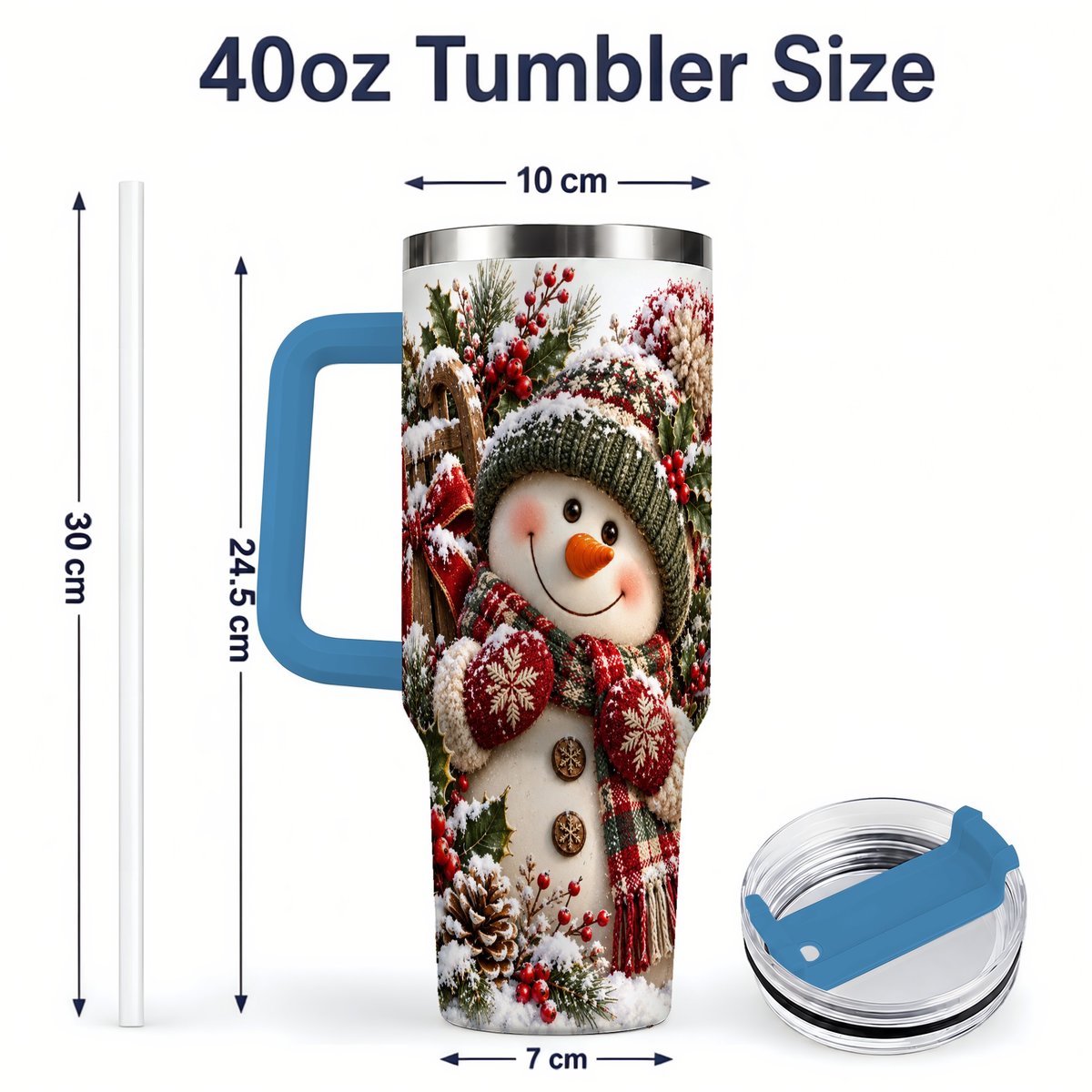 #pl[40oz|Blue] Christmas Snowman Tumbler 40oz, Rustic Sled Scene