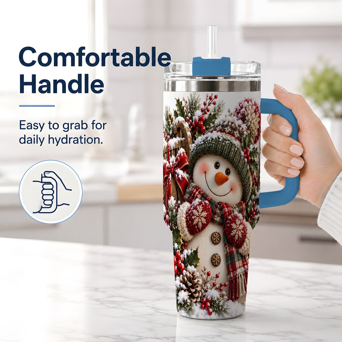#pl[40oz|Blue] Christmas Snowman Tumbler 40oz, Rustic Sled Scene