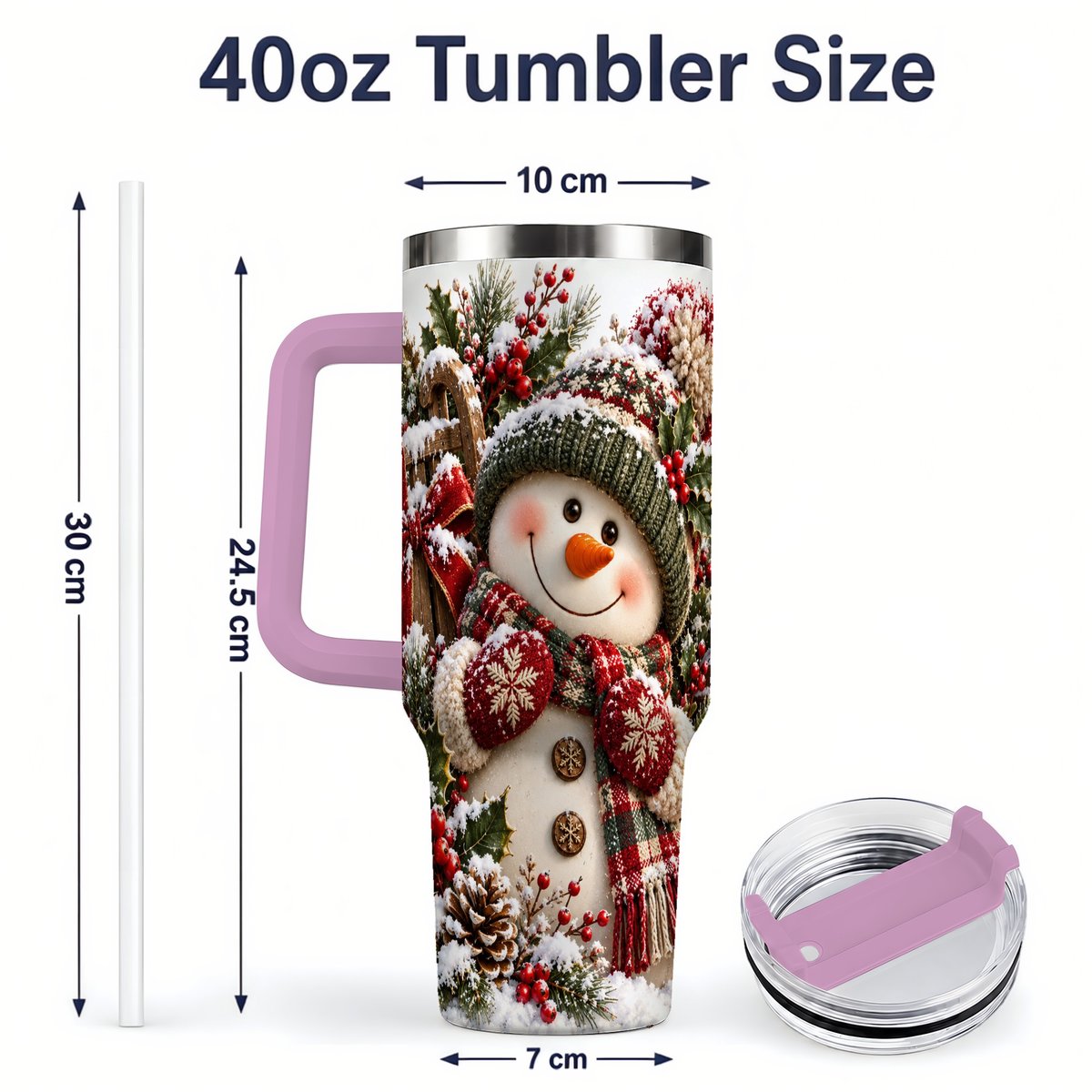 #pl[40oz|Pink] Christmas Snowman Tumbler 40oz, Rustic Sled Scene