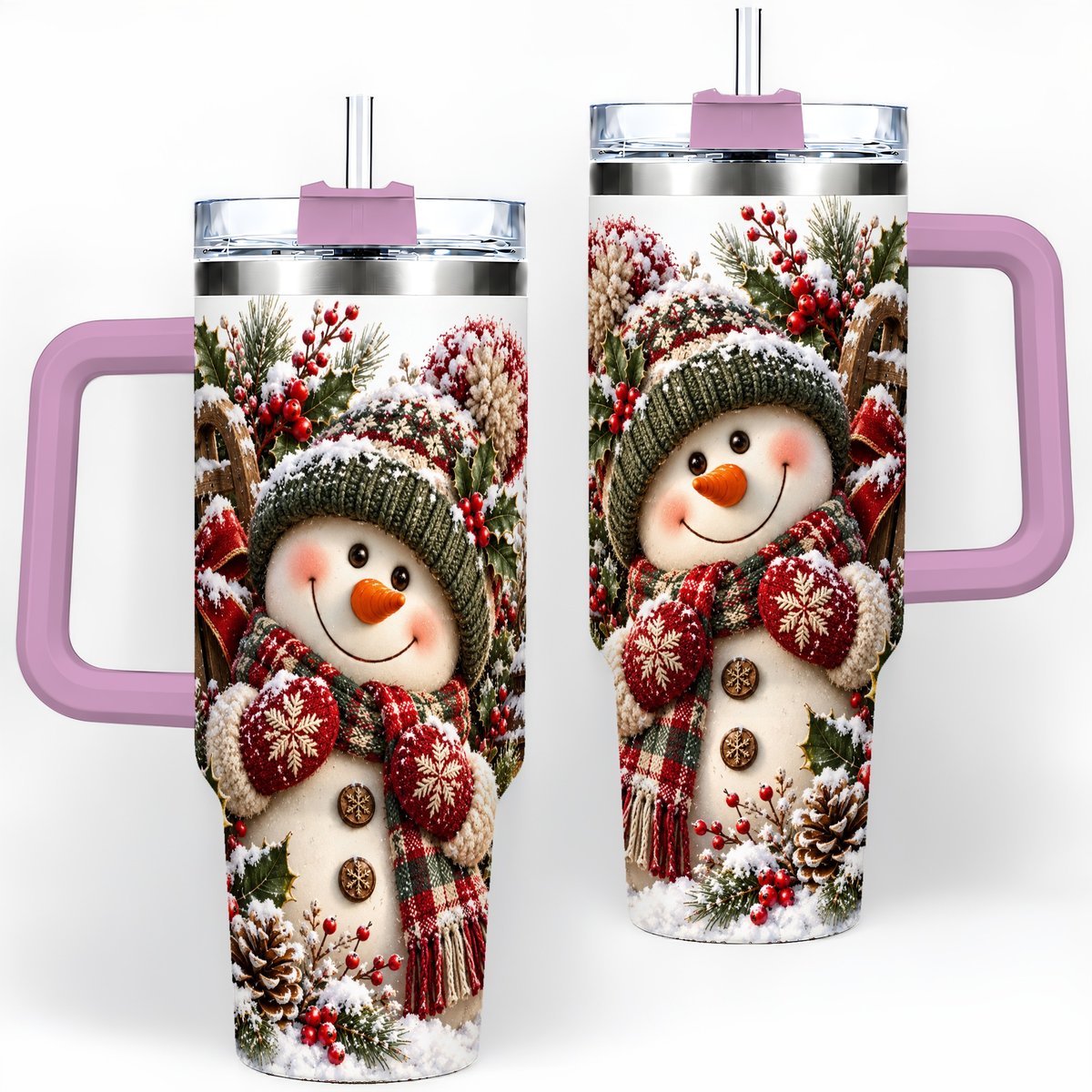 #pl[40oz|Pink] Christmas Snowman Tumbler 40oz, Rustic Sled Scene