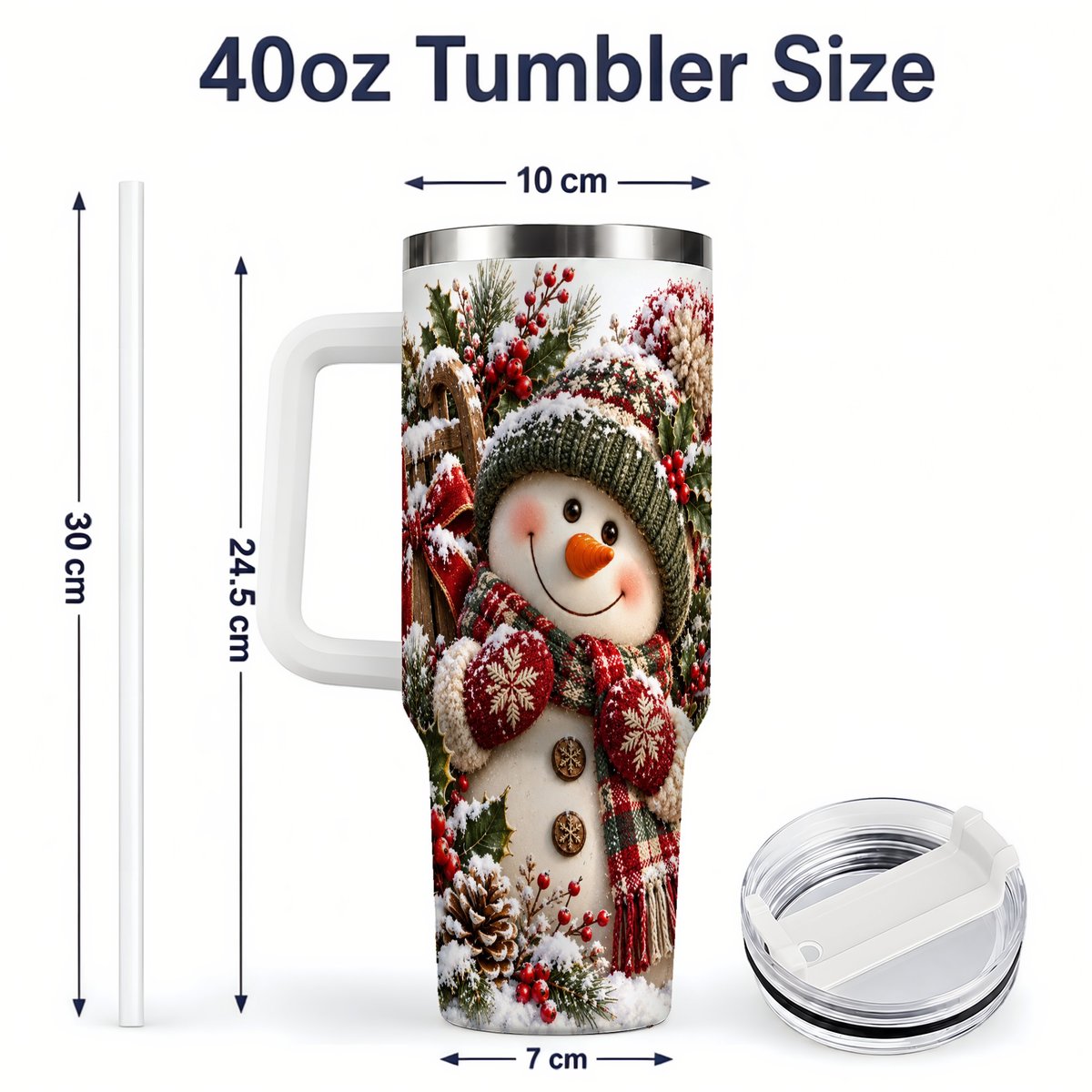 #pl[40oz|White] Christmas Snowman Tumbler 40oz, Rustic Sled Scene