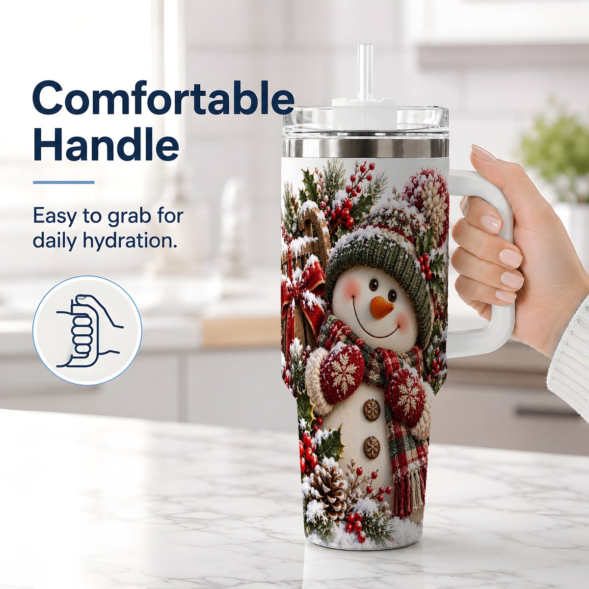 #pl[40oz|White] Christmas Snowman Tumbler 40oz, Rustic Sled Scene