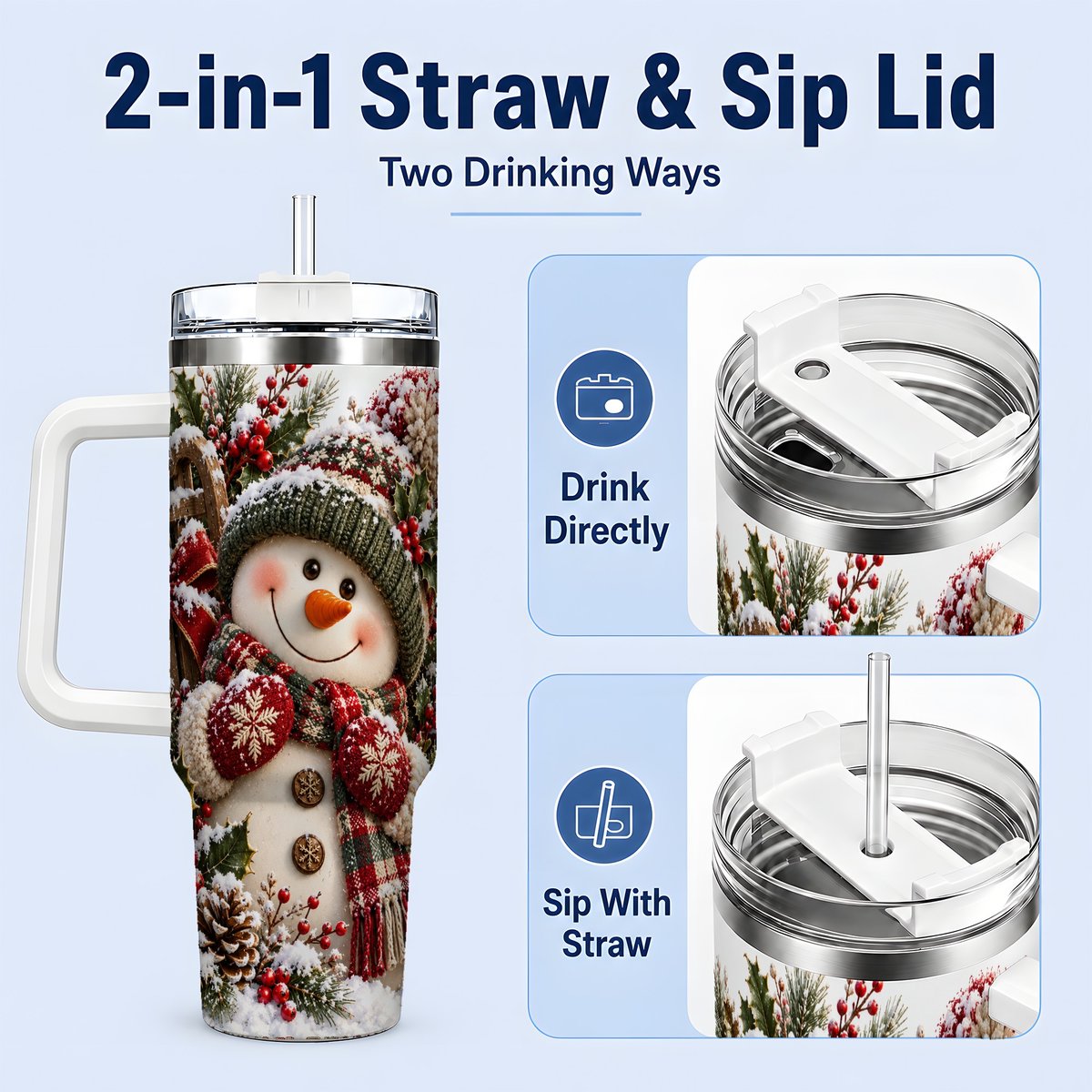 #pl[40oz|White] Christmas Snowman Tumbler 40oz, Rustic Sled Scene