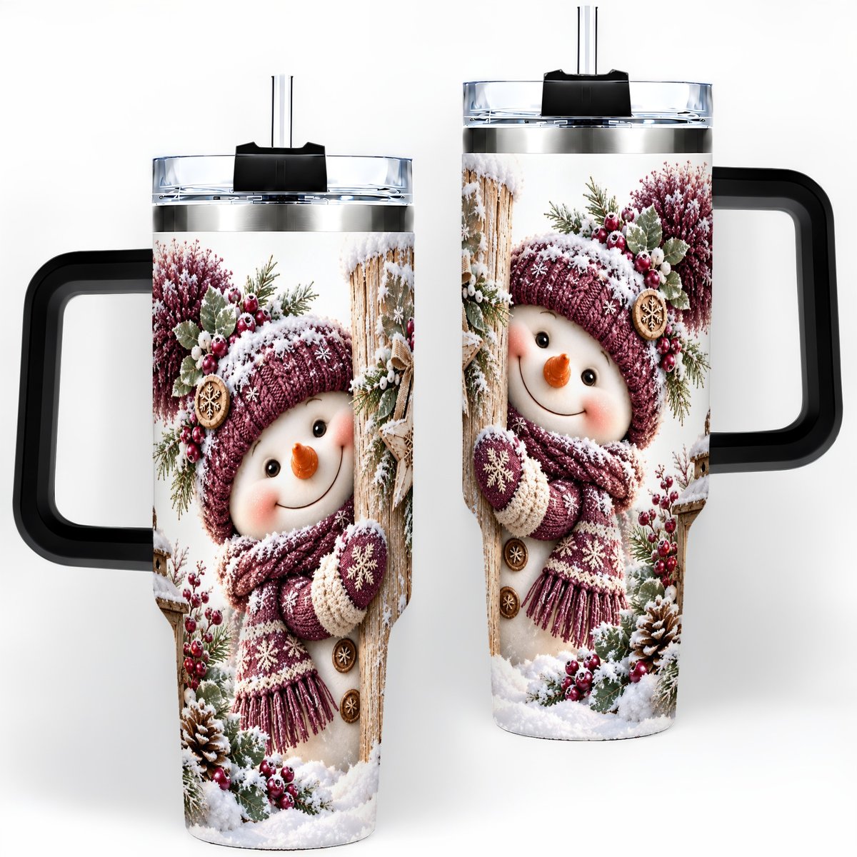 #pl[40oz|Black] Winter Snowman Tumbler 40oz, Rustic Wooden Post Art