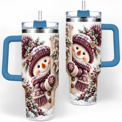#pl[40oz|Blue] Winter Snowman Tumbler 40oz, Rustic Wooden Post Art