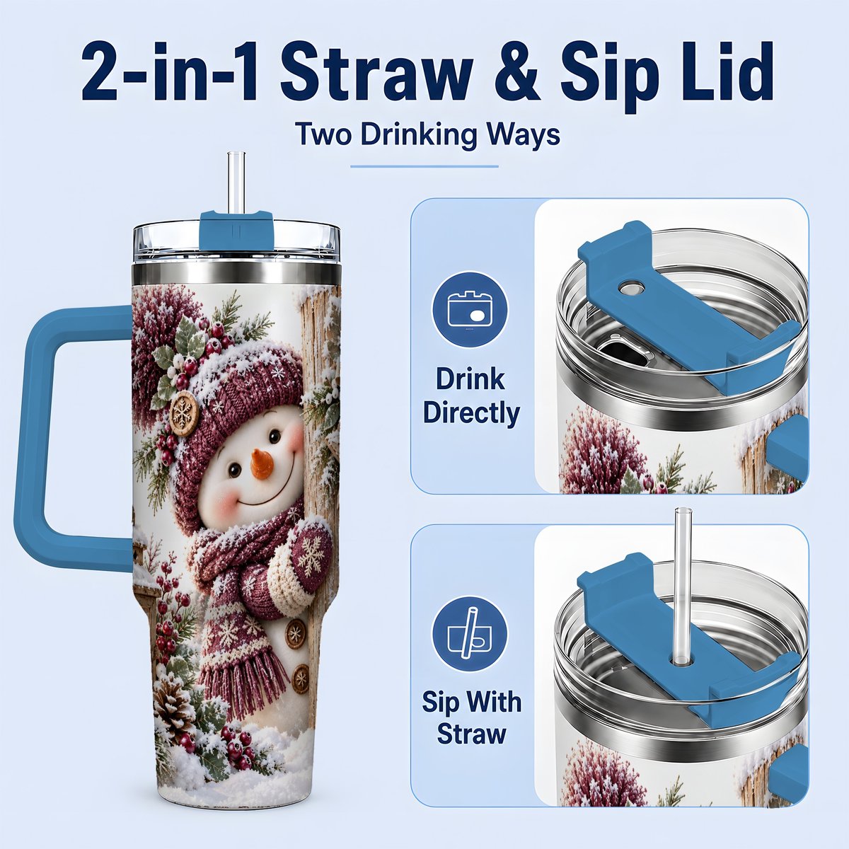#pl[40oz|Blue] Winter Snowman Tumbler 40oz, Rustic Wooden Post Art