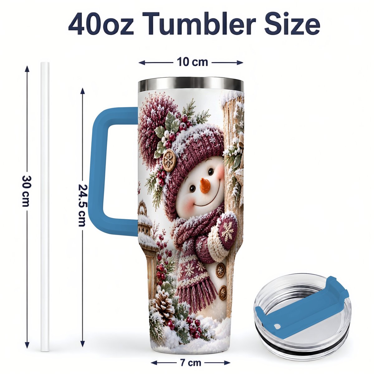 #pl[40oz|Blue] Winter Snowman Tumbler 40oz, Rustic Wooden Post Art