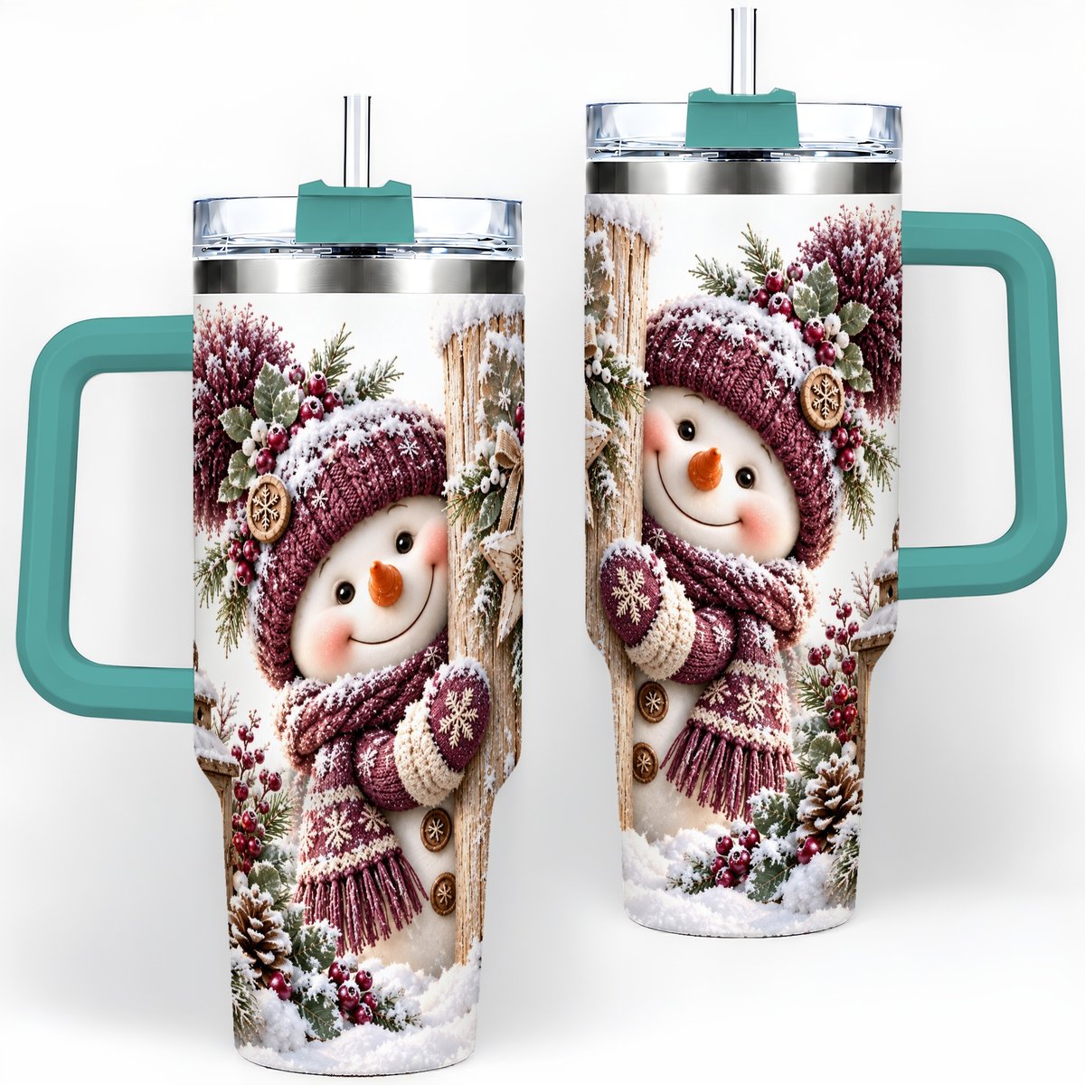 #pl[40oz|Green] Winter Snowman Tumbler 40oz, Rustic Wooden Post Art