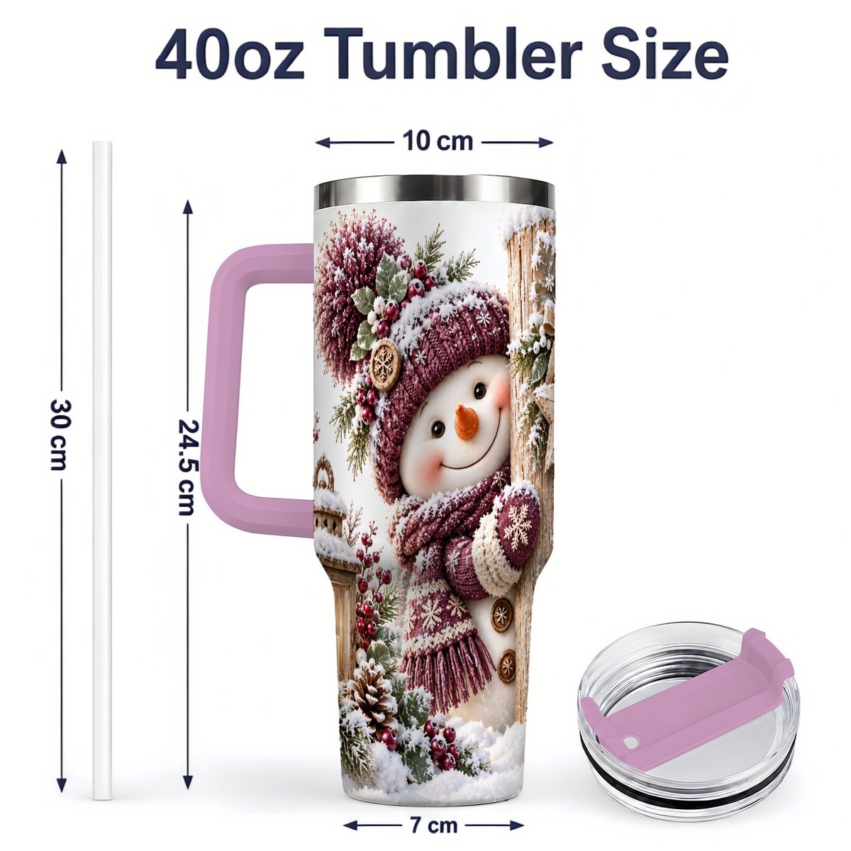 #pl[40oz|Pink] Winter Snowman Tumbler 40oz, Rustic Wooden Post Art