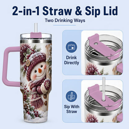 #pl[40oz|Pink] Winter Snowman Tumbler 40oz, Rustic Wooden Post Art