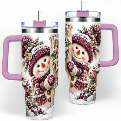 #pl[40oz|Pink] Winter Snowman Tumbler 40oz, Rustic Wooden Post Art
