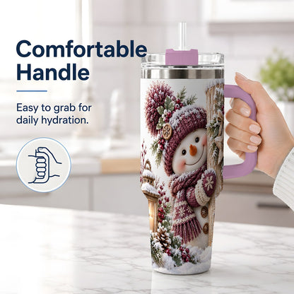 #pl[40oz|Pink] Winter Snowman Tumbler 40oz, Rustic Wooden Post Art