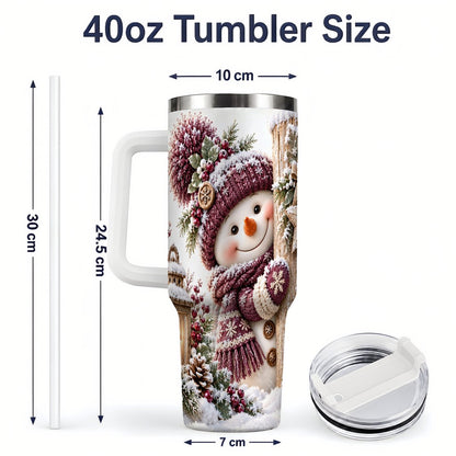 #pl[40oz|White] Winter Snowman Tumbler 40oz, Rustic Wooden Post Art