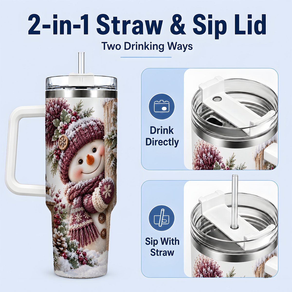#pl[40oz|White] Winter Snowman Tumbler 40oz, Rustic Wooden Post Art
