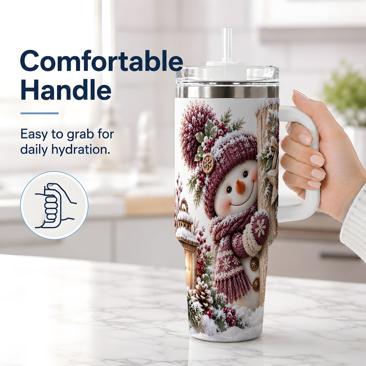 #pl[40oz|White] Winter Snowman Tumbler 40oz, Rustic Wooden Post Art
