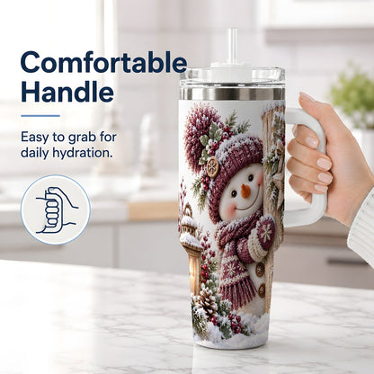 #pl[40oz|White] Winter Snowman Tumbler 40oz, Rustic Wooden Post Art