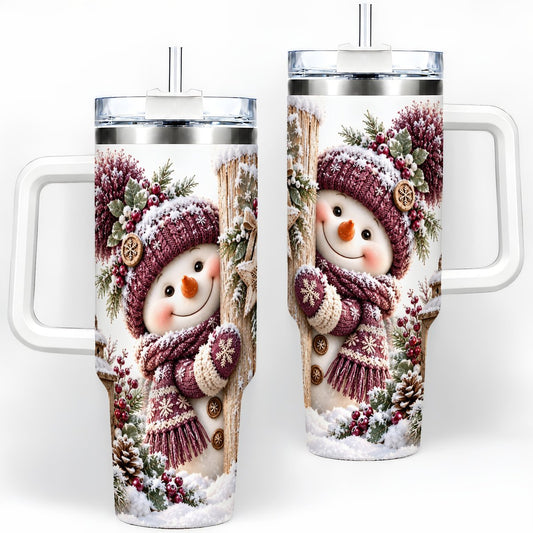 Winter Snowman Tumbler 40oz, Rustic Wooden Post Art
