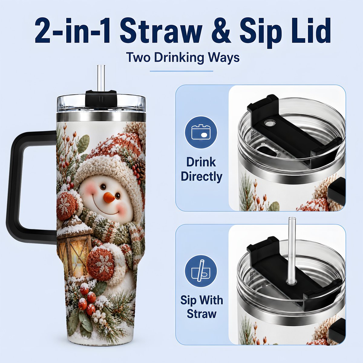 #pl[40oz|Black] Christmas Snowman Tumbler 40oz, Cozy Lantern Art