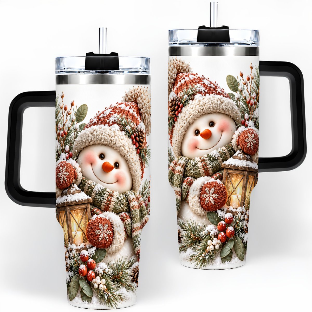 #pl[40oz|Black] Christmas Snowman Tumbler 40oz, Cozy Lantern Art