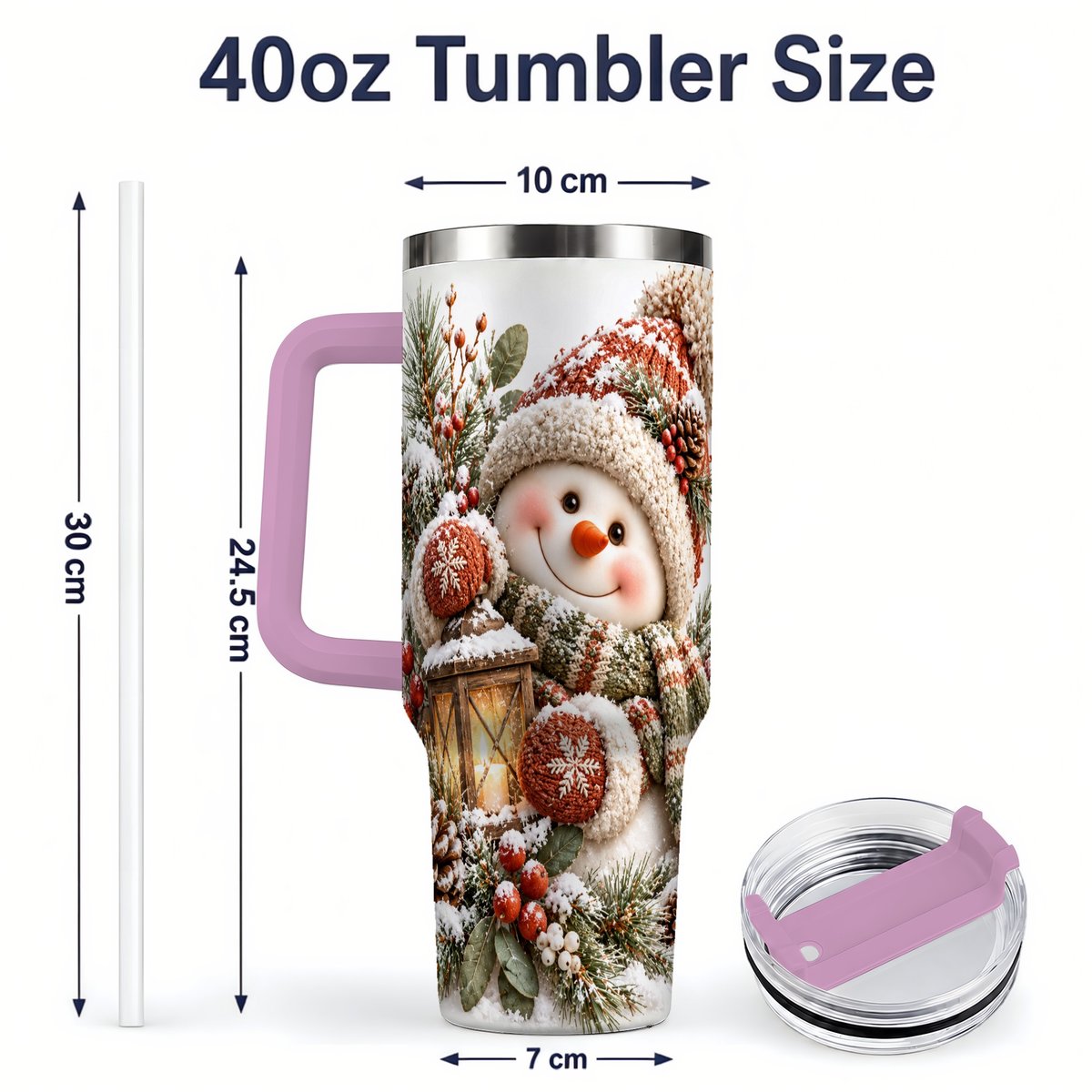 #pl[40oz|Pink] Christmas Snowman Tumbler 40oz, Cozy Lantern Art
