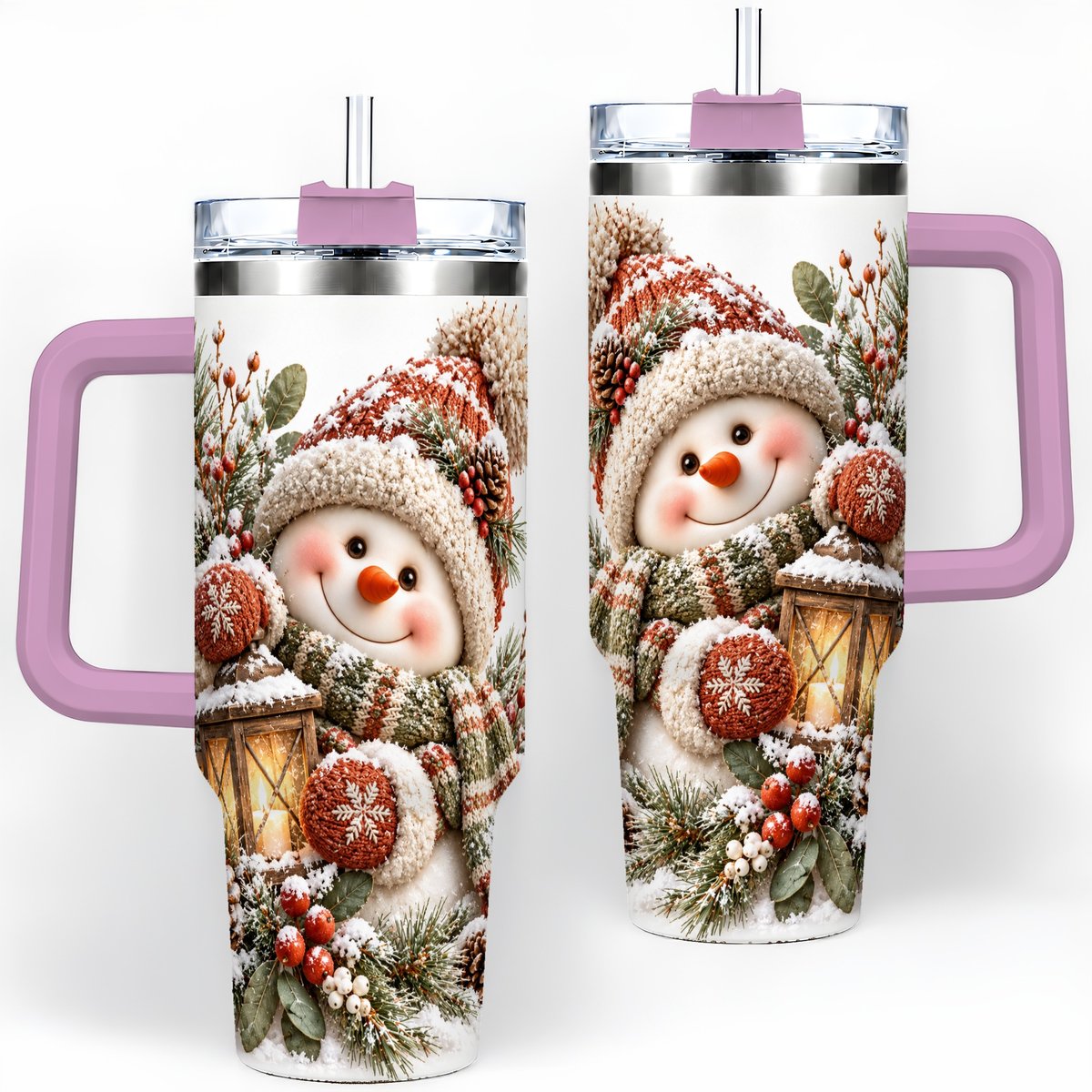 #pl[40oz|Pink] Christmas Snowman Tumbler 40oz, Cozy Lantern Art