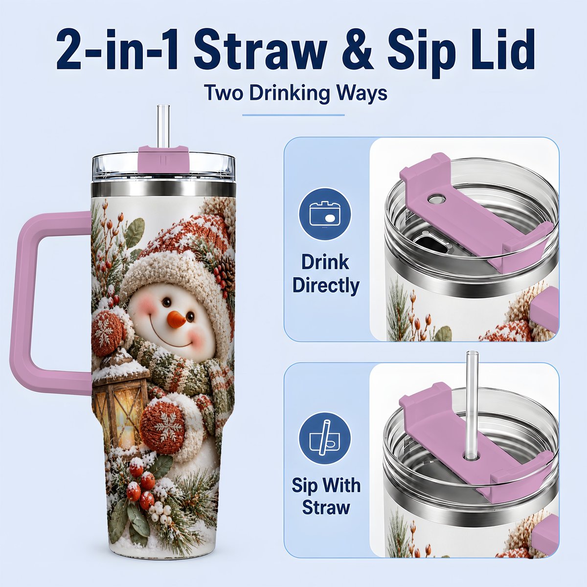 #pl[40oz|Pink] Christmas Snowman Tumbler 40oz, Cozy Lantern Art