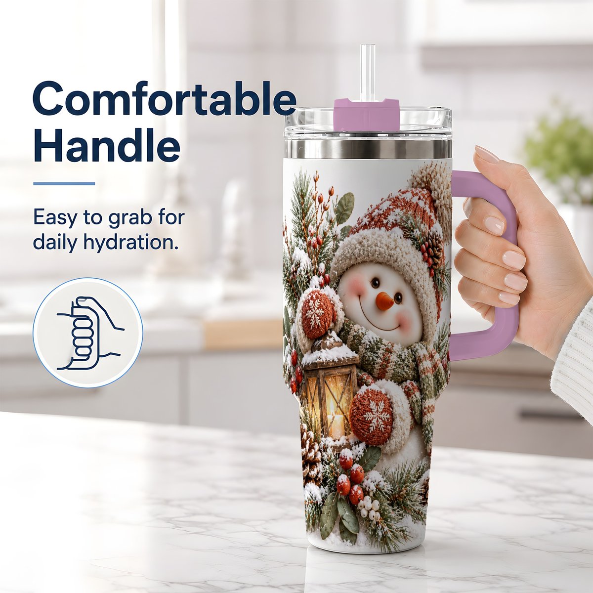 #pl[40oz|Pink] Christmas Snowman Tumbler 40oz, Cozy Lantern Art