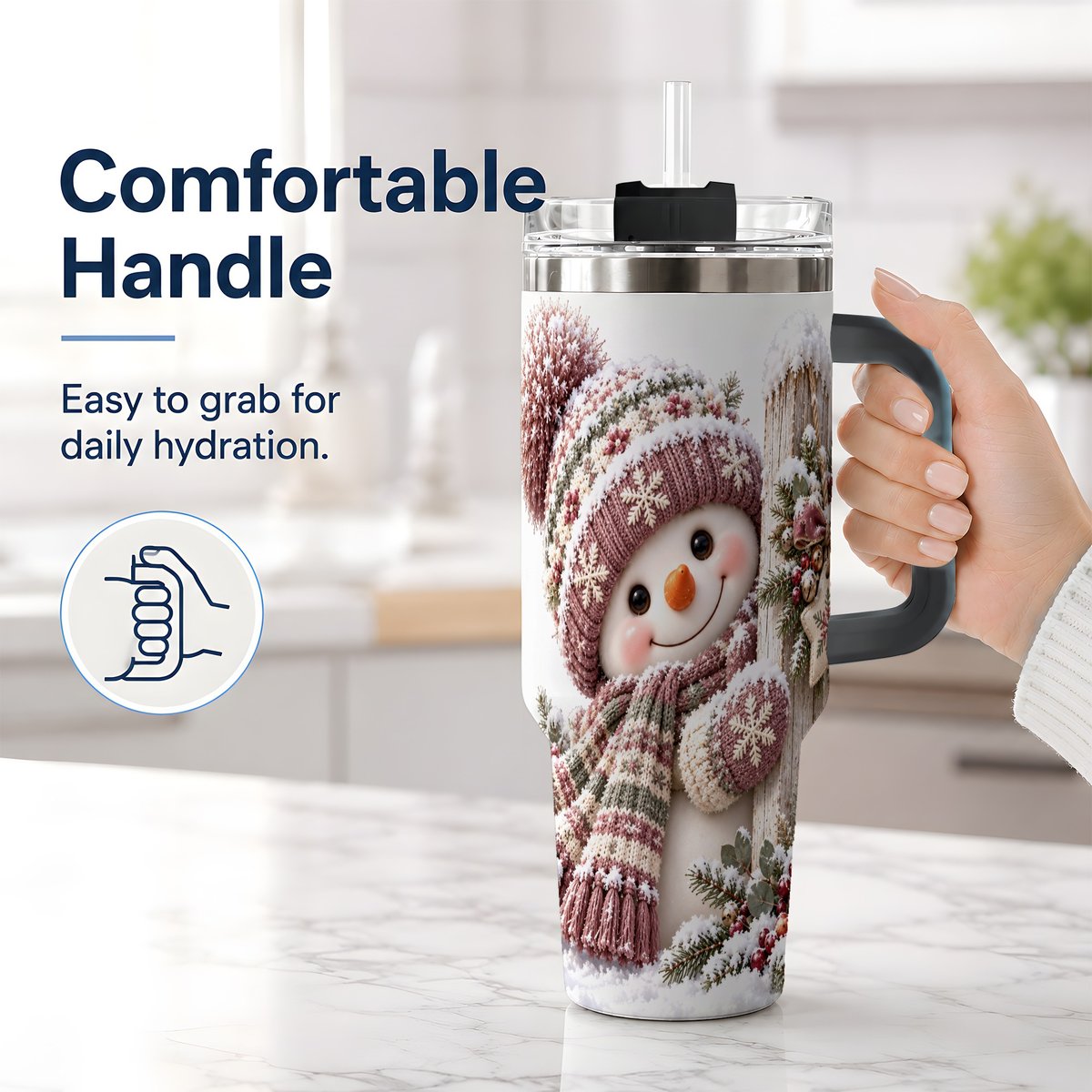 #pl[40oz|Black] Christmas Snowman Tumbler 40oz, Snowy Fence Art
