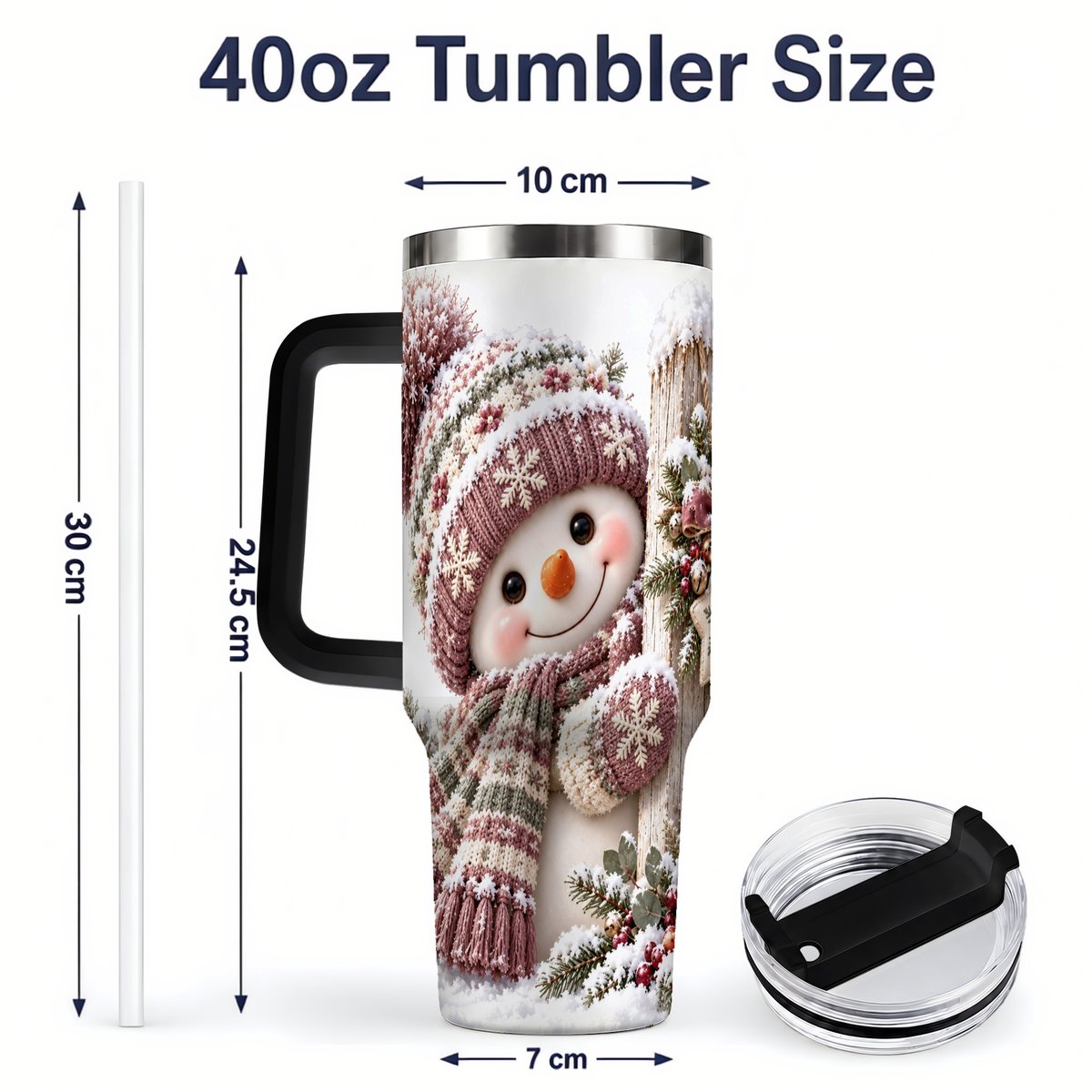#pl[40oz|Black] Christmas Snowman Tumbler 40oz, Snowy Fence Art