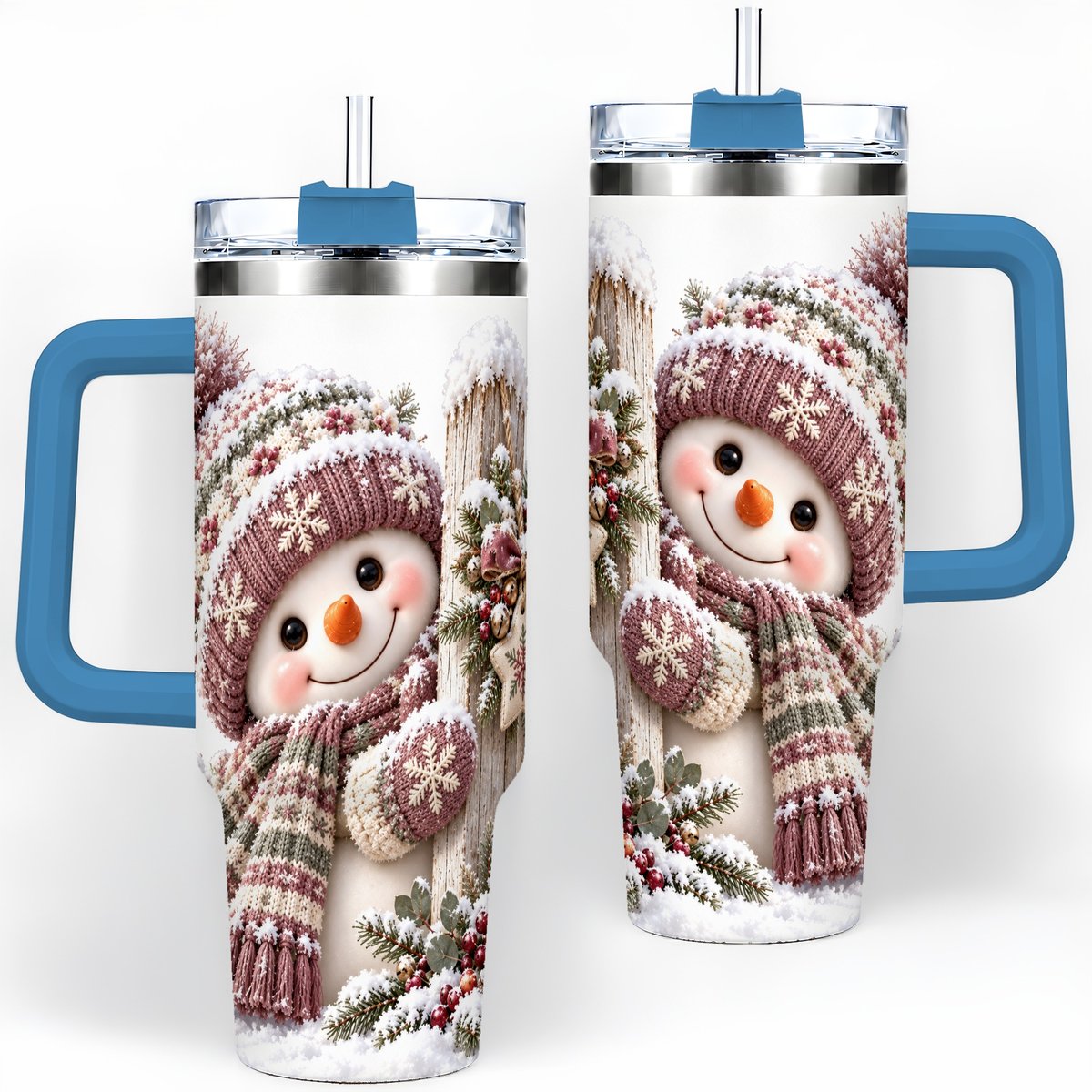 #pl[40oz|Blue] Christmas Snowman Tumbler 40oz, Snowy Fence Art