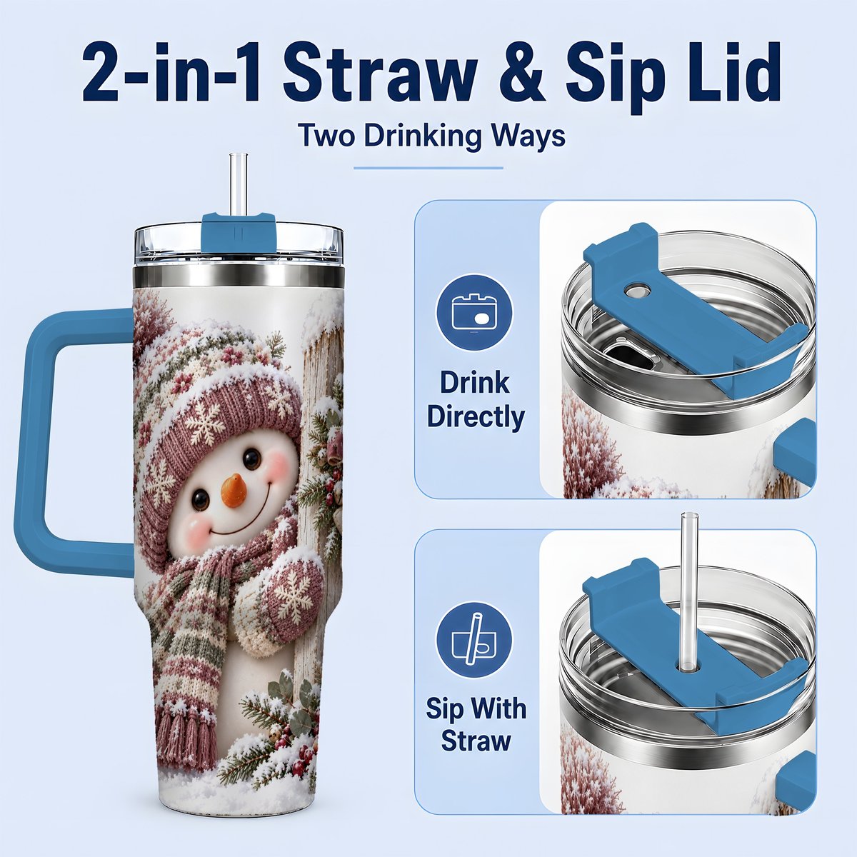 #pl[40oz|Blue] Christmas Snowman Tumbler 40oz, Snowy Fence Art